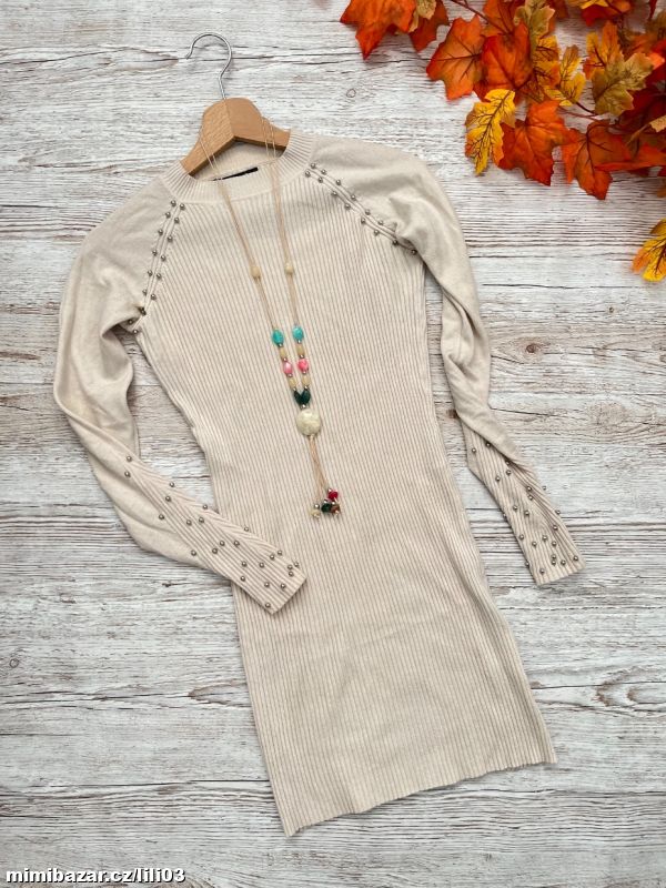 BÉŽOVÝ PRUŽNÝ ZDOBENÝ KAŠMÍROVÝ DLOUHÝ SVETR/ŠATY