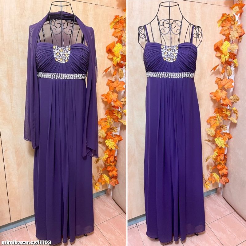 DLOUHÉ TMAVĚ FIALOVÉ ZDOBENÉ SPOLEČENSKÉ ŠATY