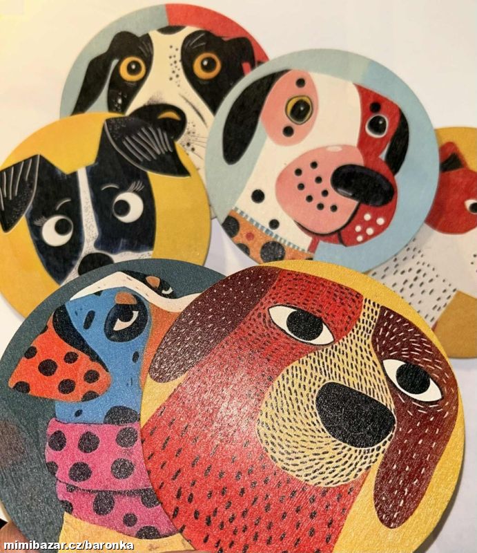 Sada: 6x dřevěné podtácky, barevný pejsek / pes