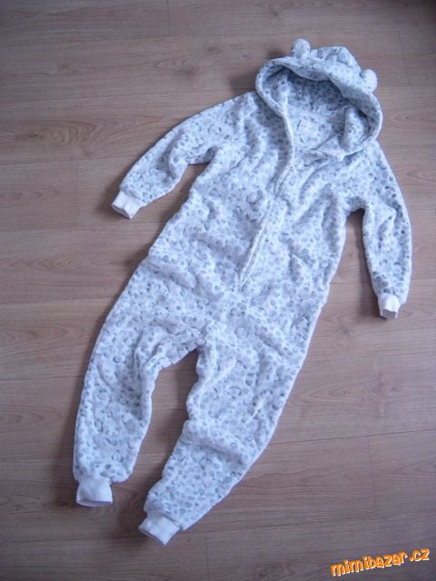 Bílý/šedý flísový overal s oušky gepard vel. 146