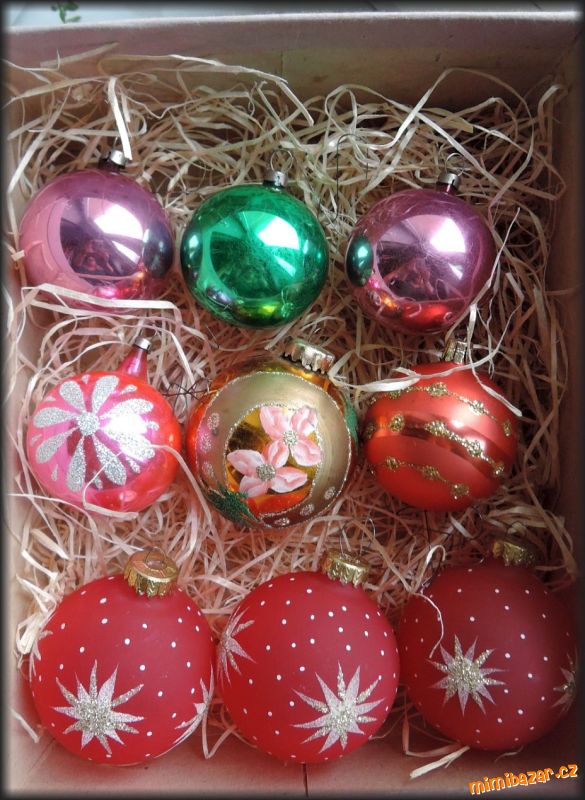 Staré vánoční ozdoby, baňky, Czechoslovakia 9 kusu