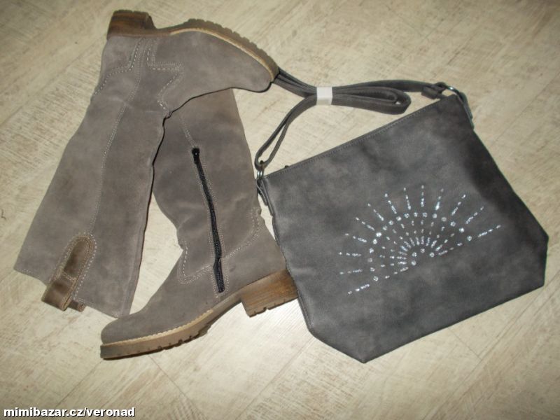 TEPLÉ VYSOKÉ KOŽENÉ KOZAČKY + KABELKA NOVÁ dárek