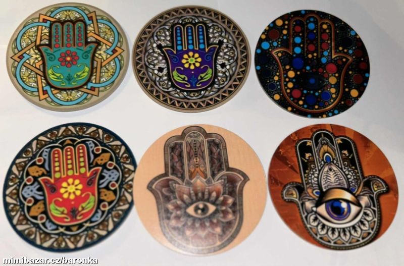 6x dřevěné podtácky, motiv Hamsa, symbol štěstí
