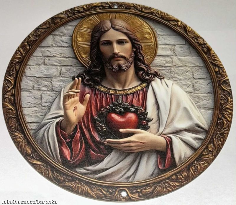 Dřevěný dekorační kruh, motiv Ježíš a Svaté srdce