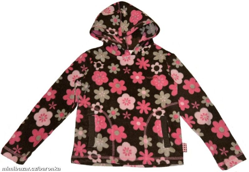 Čoko hnědá fleece mikina, růžové květy, vel. 4y
