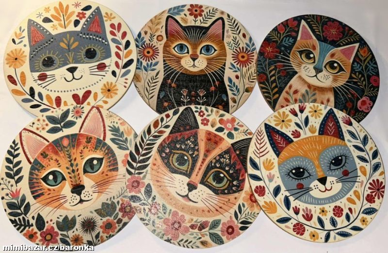 Set: 6x dřevěné podtácky na hrnek, krémová kočka