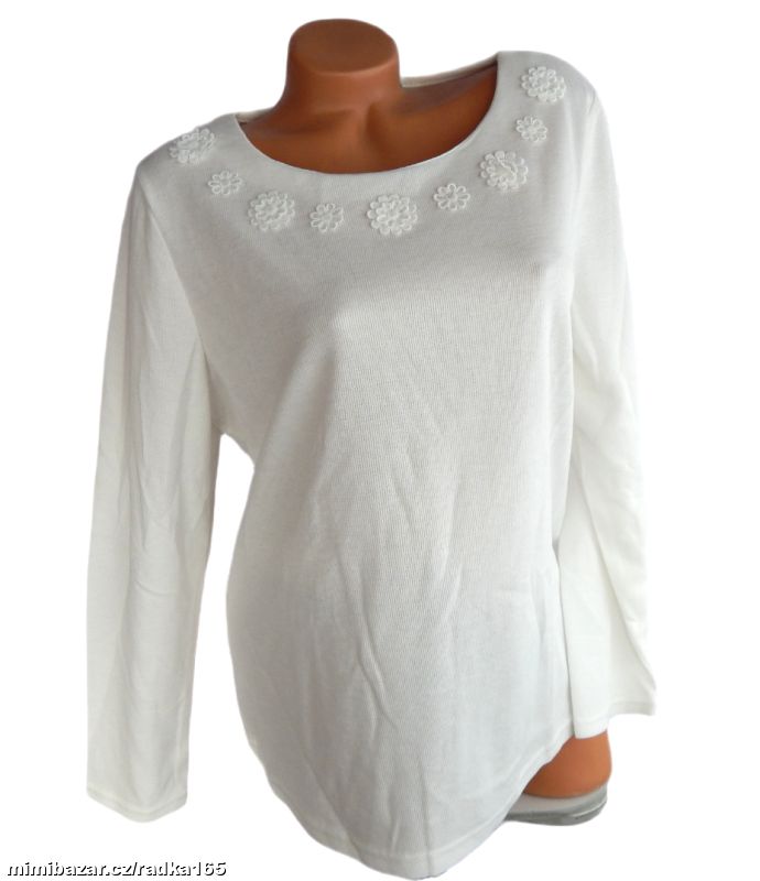 Modní žebrované triko s květy u krku vel.46