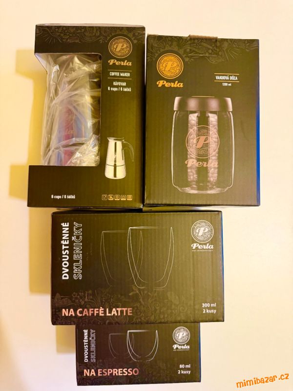 Moka konvice, vakuová dóza, sklenice