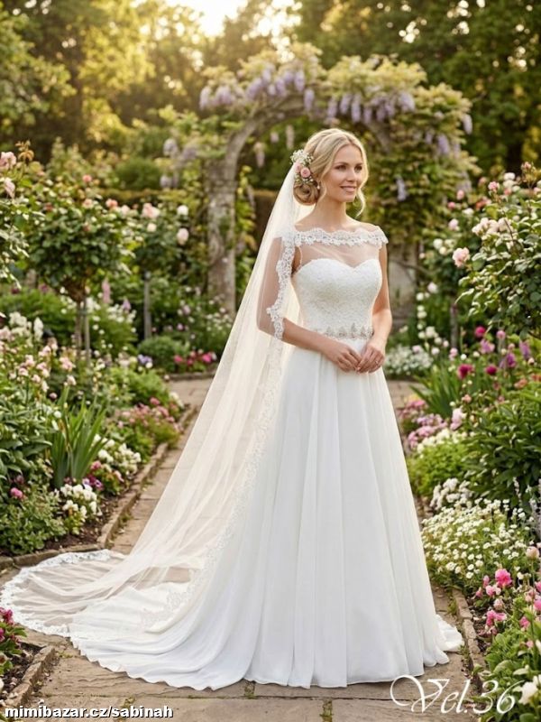 KRÉMOVÉ SVATEBNÍ ŠATY S VLEČKOU