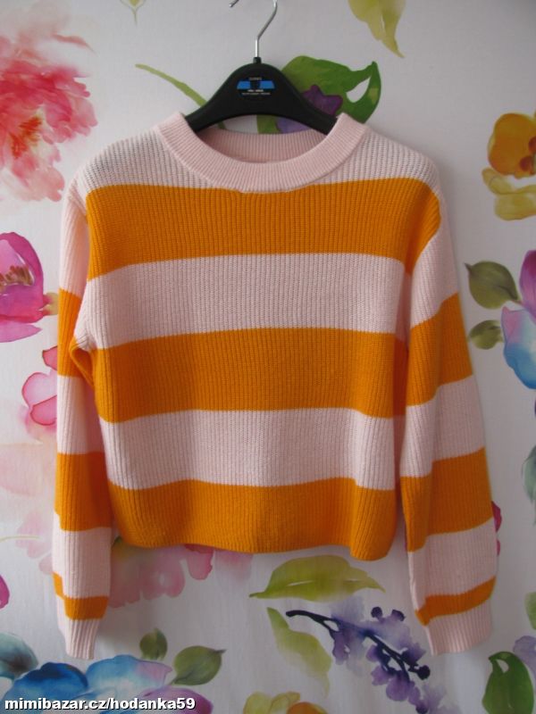 Dívčí pruhovaný crop top růžový svetr H&M