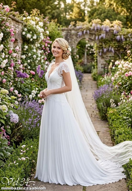 PŘEKRÁSNÉ SVATEBNÍ ŠATY S VLEČKOU vel.34
