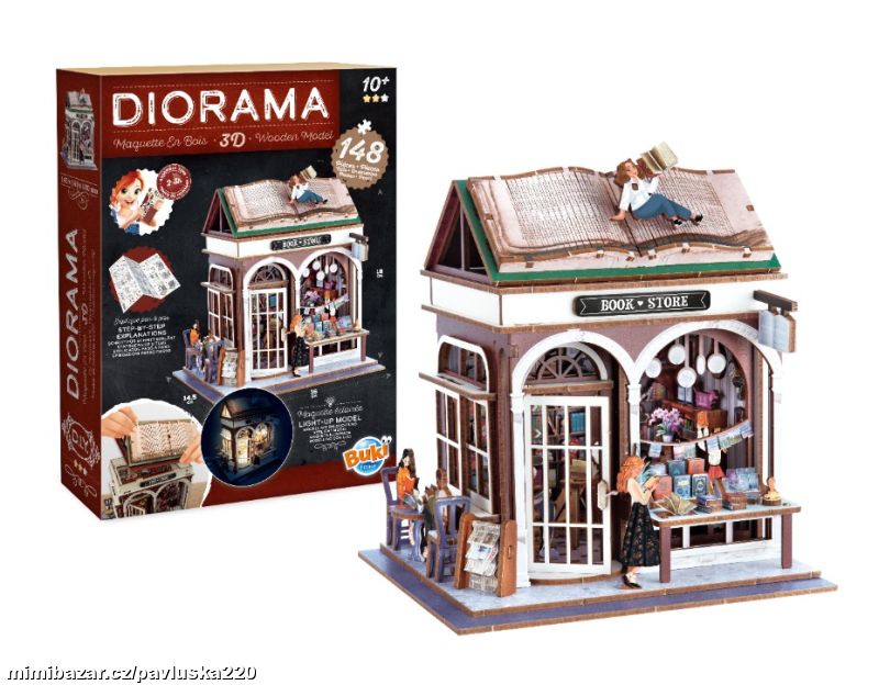 DIORAMA KNIHKUPECTVÍ - dřevěná 3D stavebnice s LED