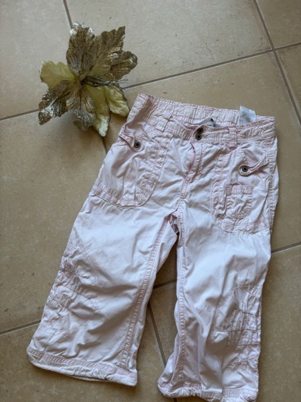 Růžové plátěné kalhoty nad kotníky letní, 7-8 l.