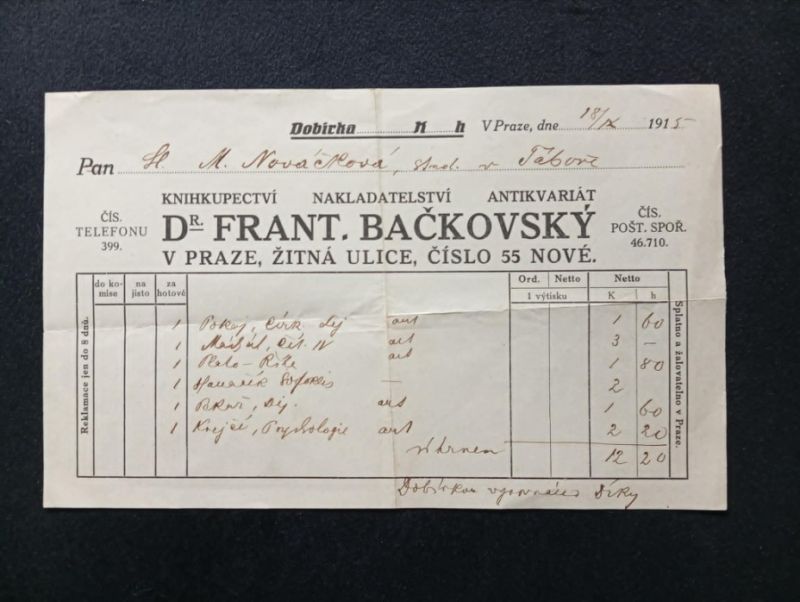 Starý účet 1915, F. Bačkovský, knihkupectví