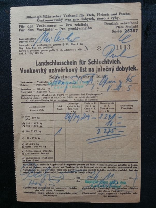 Venkovský uzávěrkový list jatečný dobytek 1947