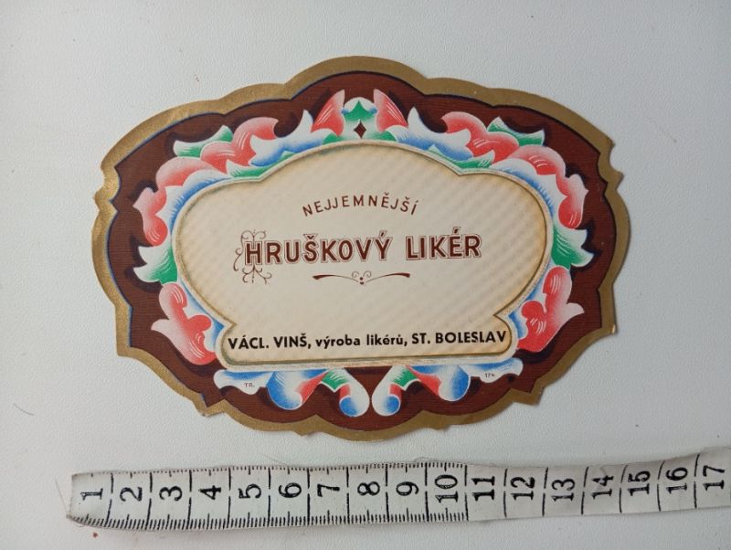 Stará etiketa- Hruškový likér, Václ. Vinš, St. Bol